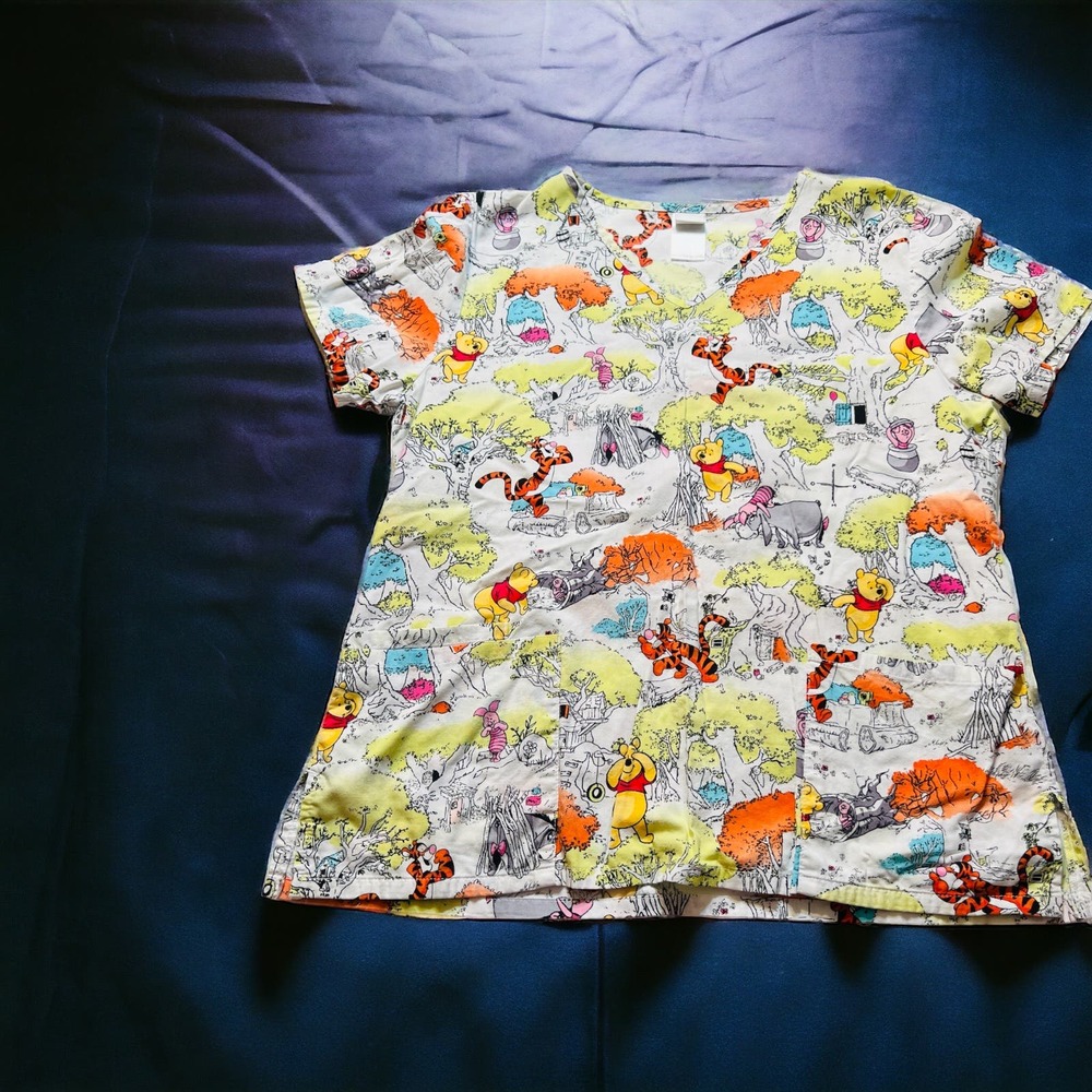 Disney Winnie the Pooh friends white background Med Scrub top
